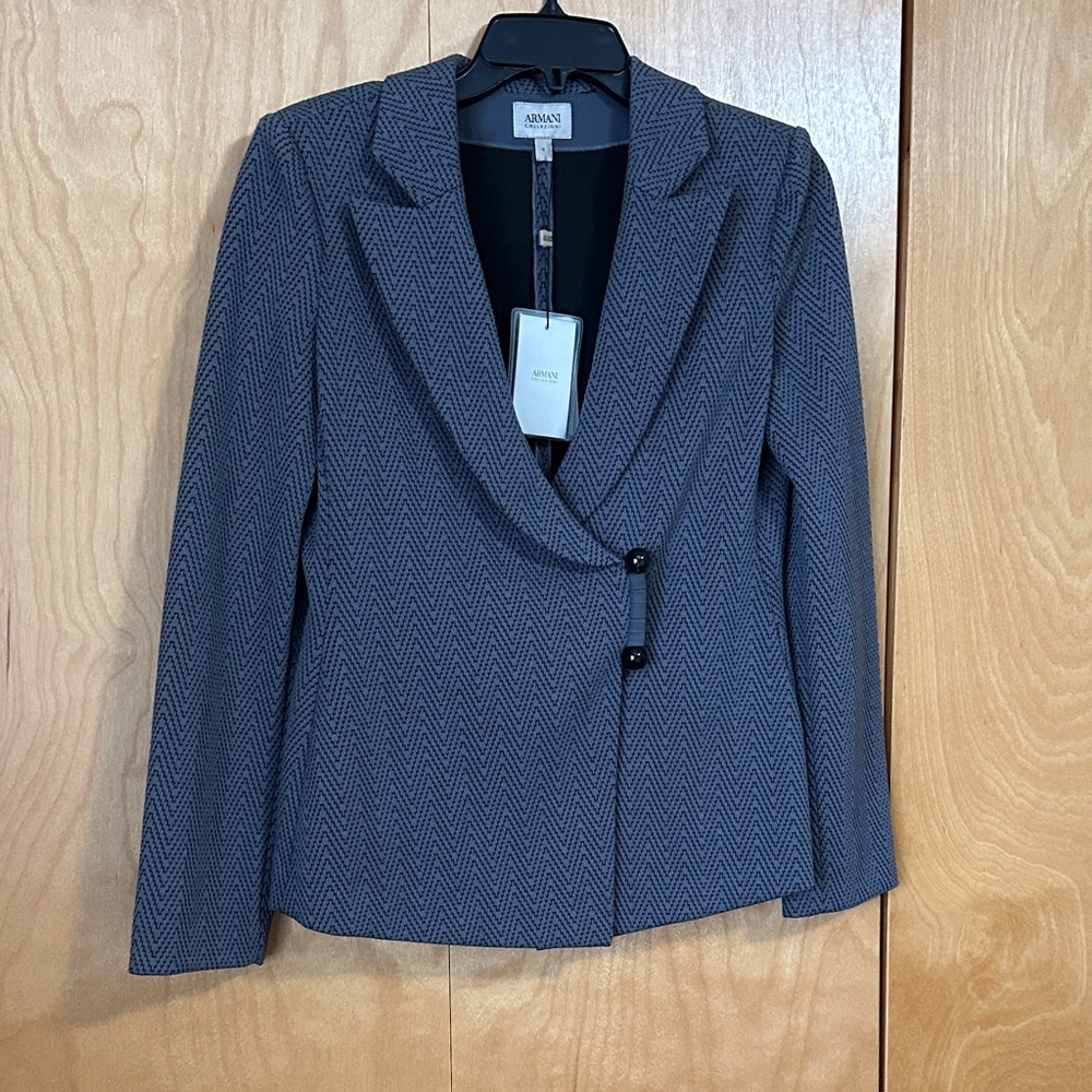 Armani Black and Gray Herringbone Knit Blazer